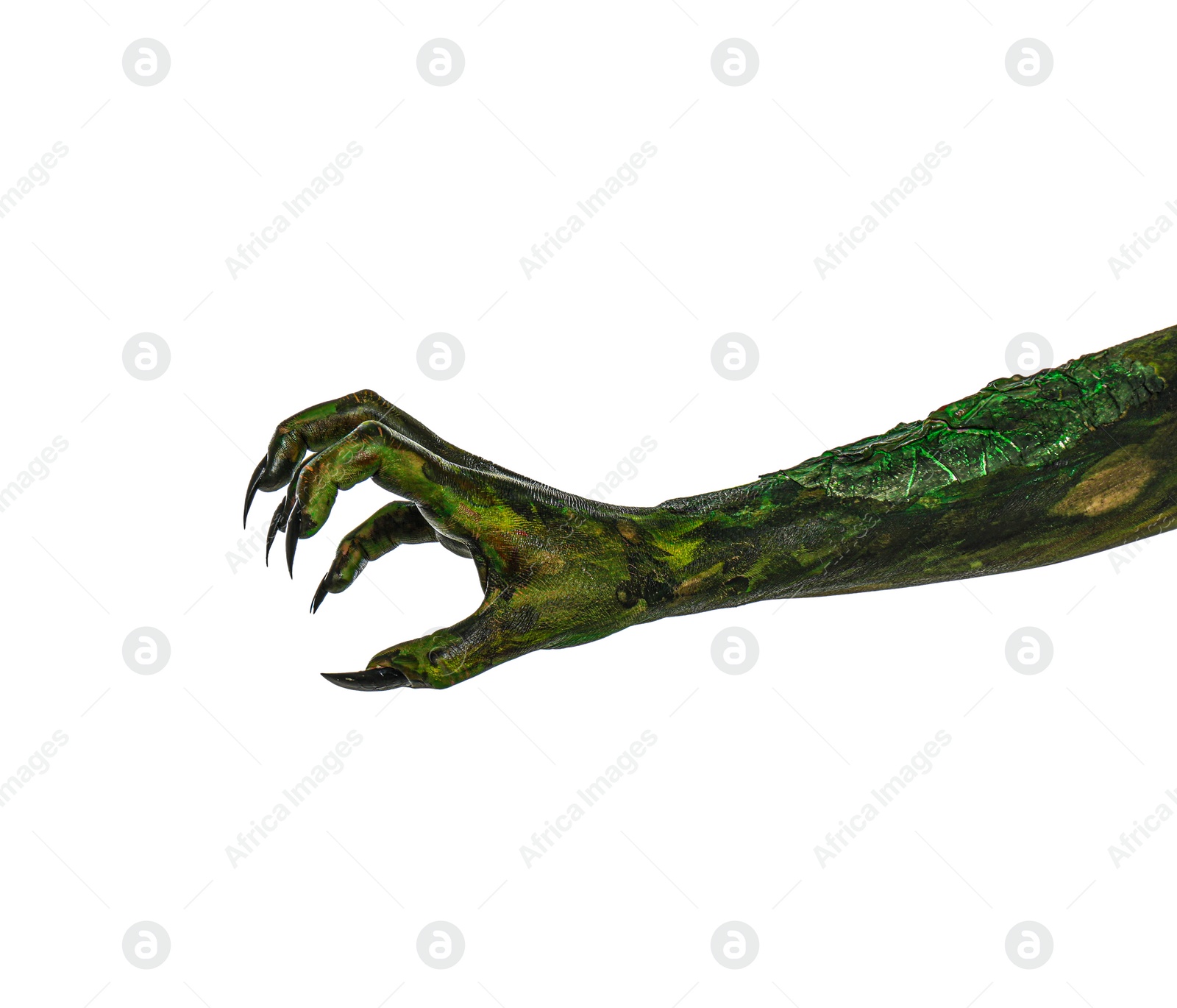 Photo of Scary monster on white background, closeup of hand. Halloween character