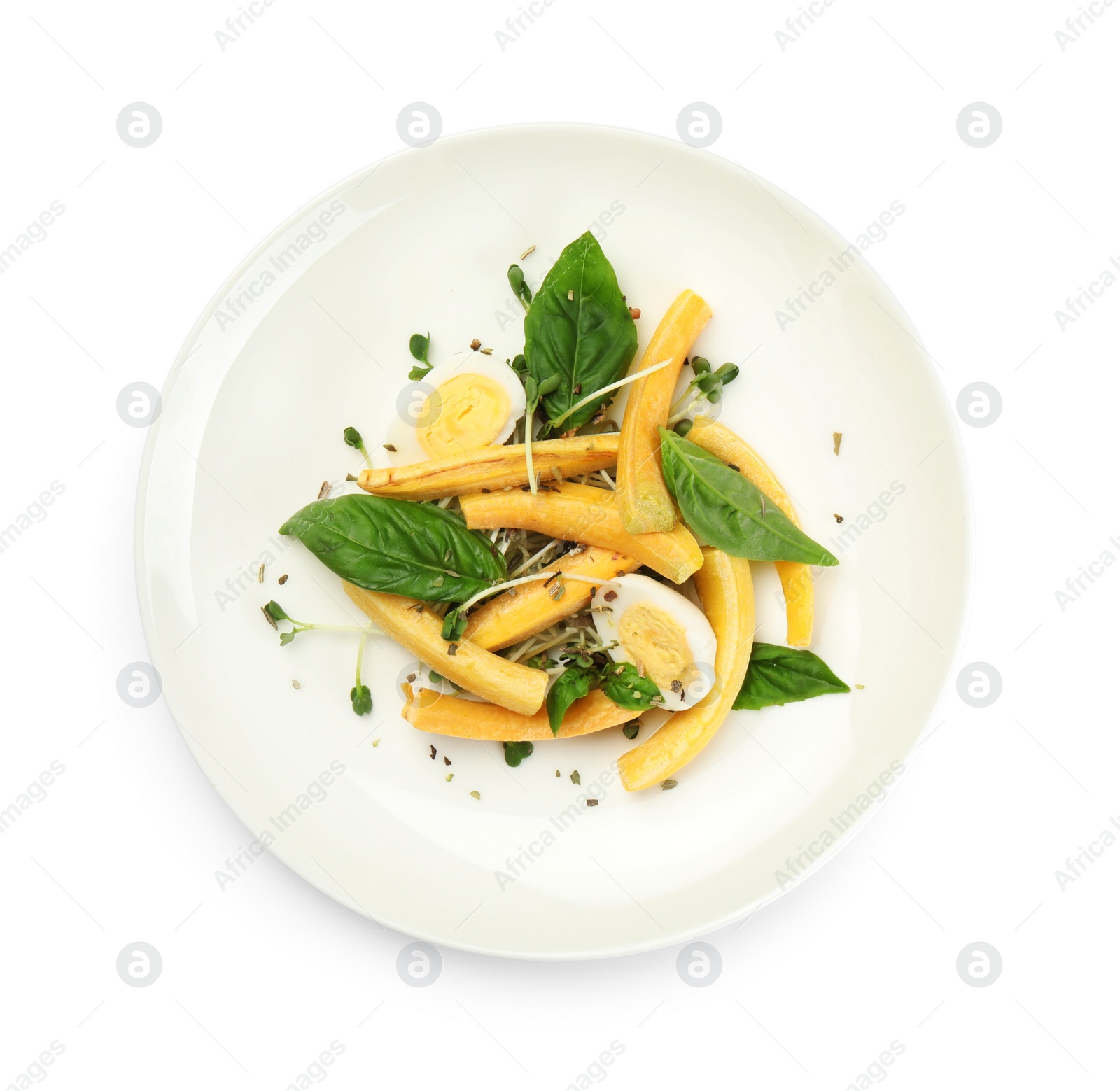 Photo of Delicious fresh carrot salad with basil and egg isolated on white, top view