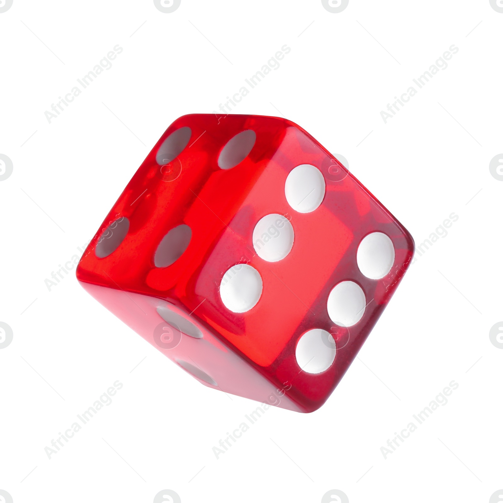 Photo of One red game dice isolated on white