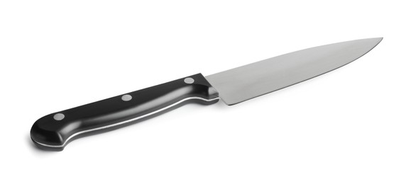 Photo of One knife with black handle isolated on white