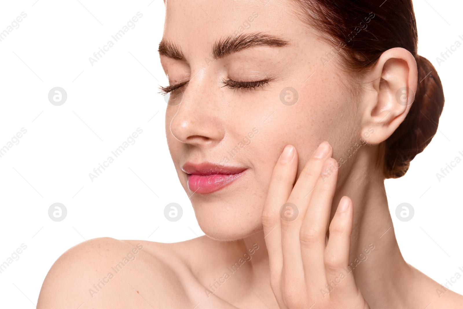 Photo of Portrait of beautiful woman on white background, closeup