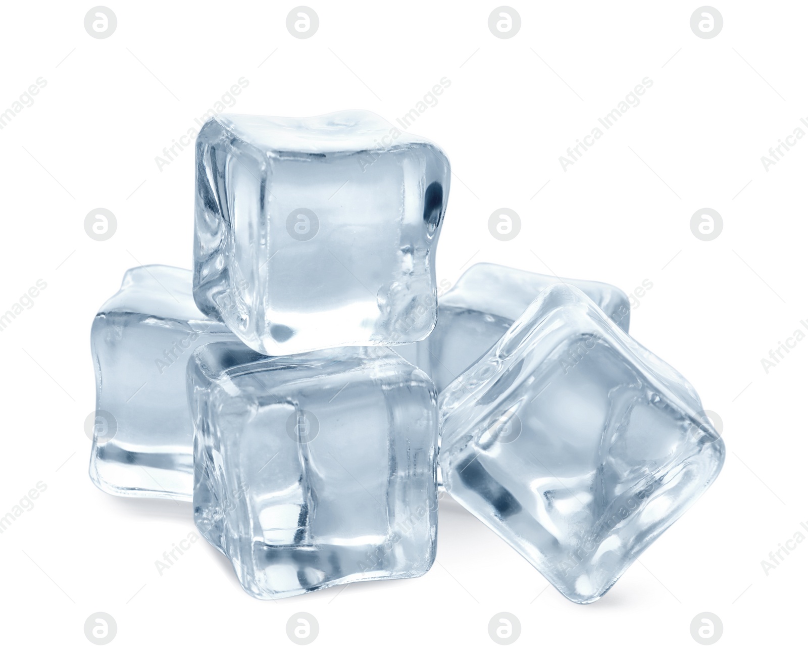 Photo of Pile of crystal clear ice cubes on white background