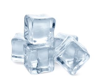 Pile of crystal clear ice cubes on white background