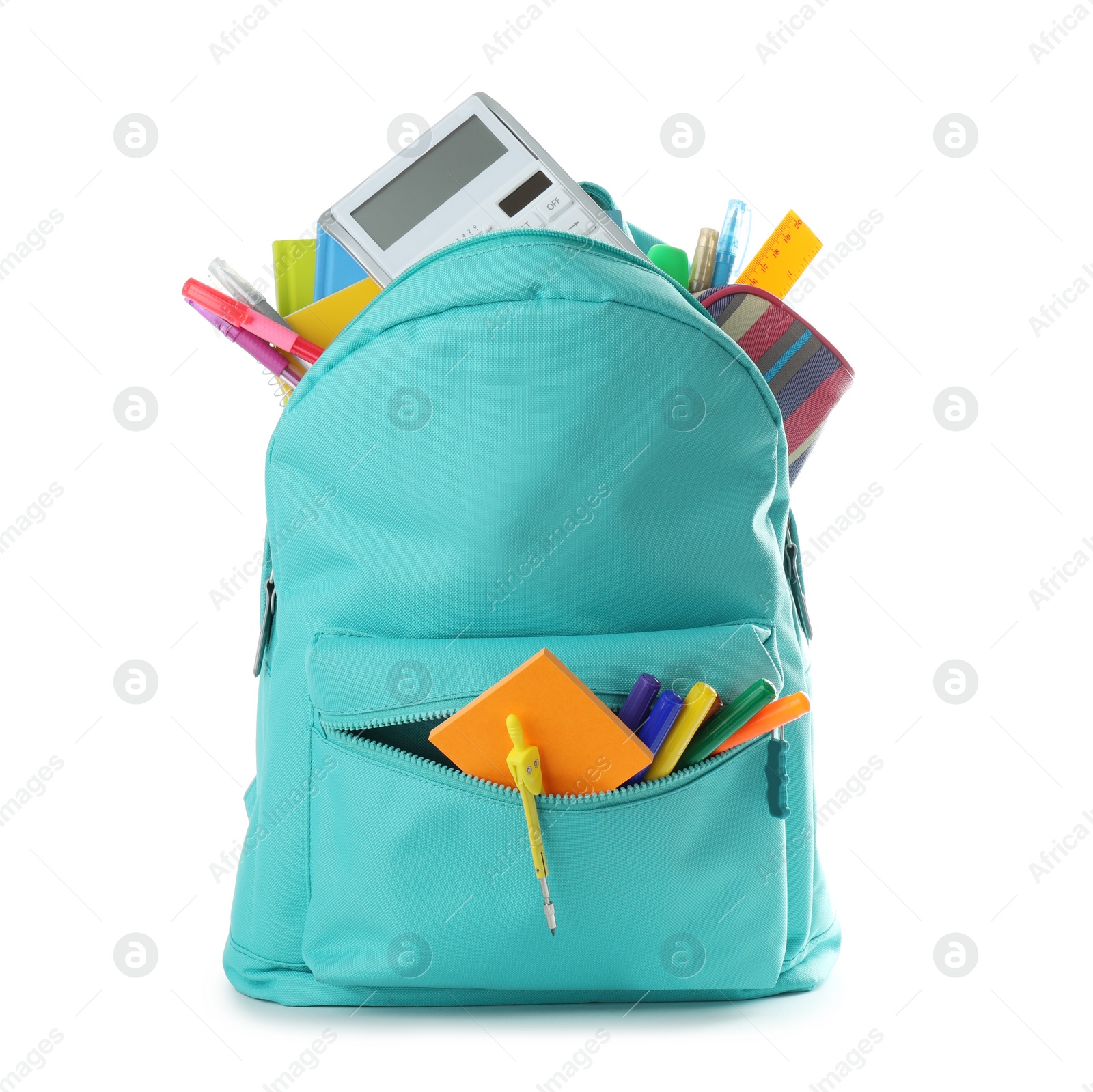 Photo of Bright backpack with school stationery isolated on white