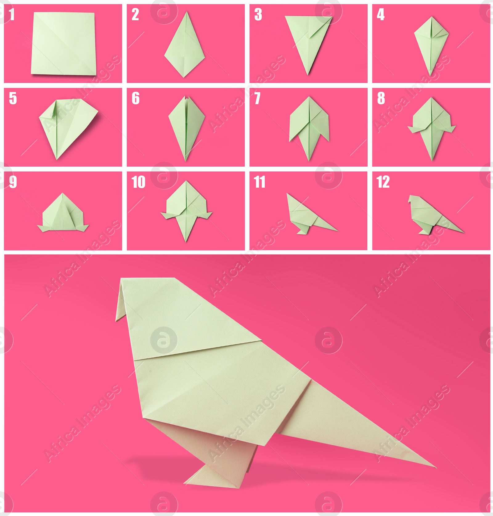 Image of Origami art. Making paper bird step by step, photo collage on pink background