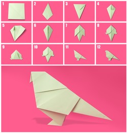 Origami art. Making paper bird step by step, photo collage on pink background