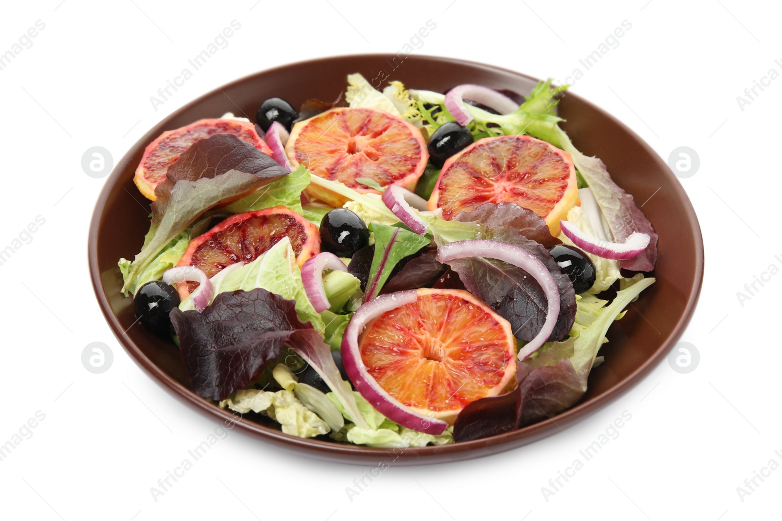 Photo of Bowl of delicious sicilian orange salad isolated on white