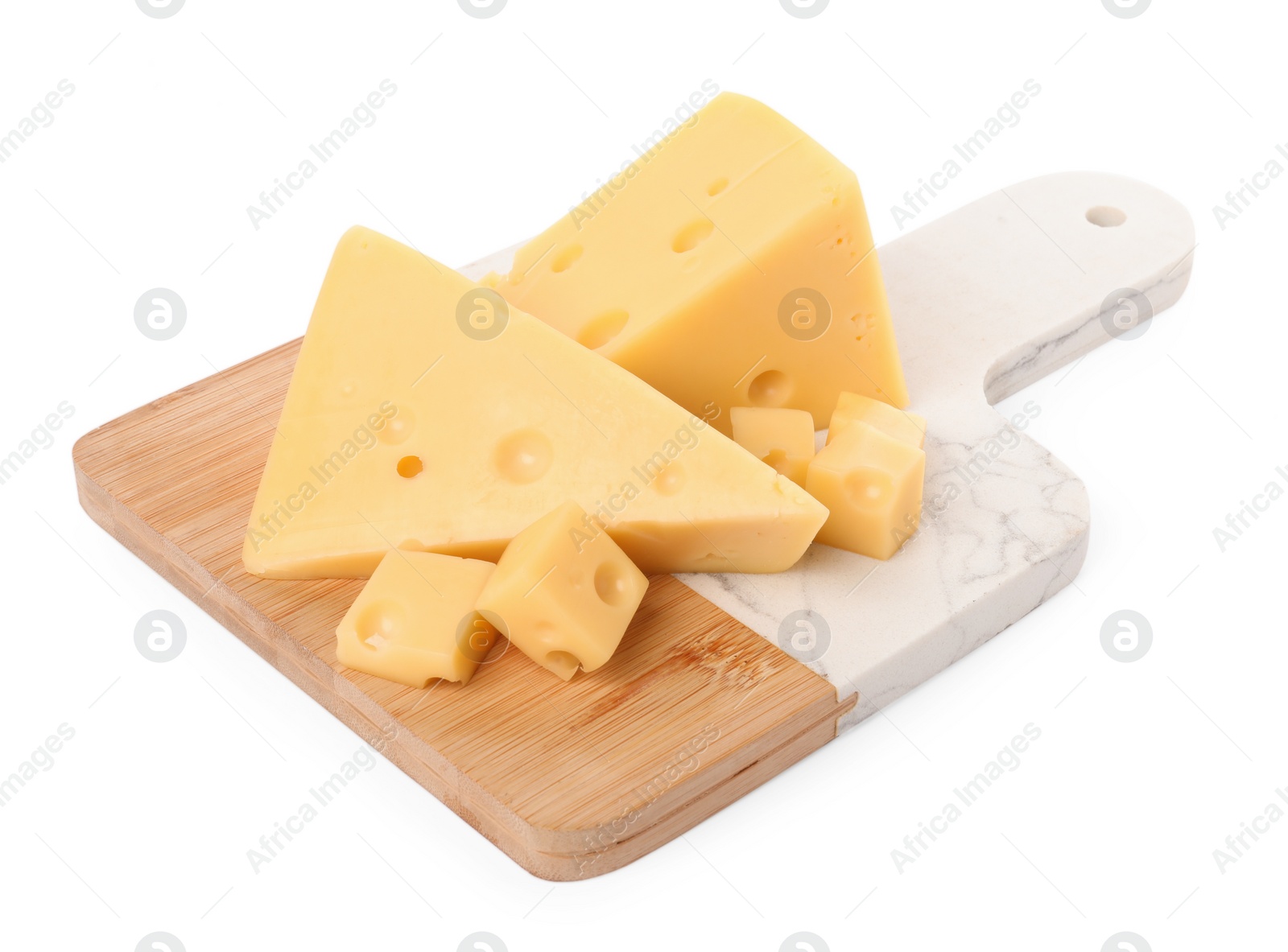 Photo of Cut fresh delicious cheese isolated on white