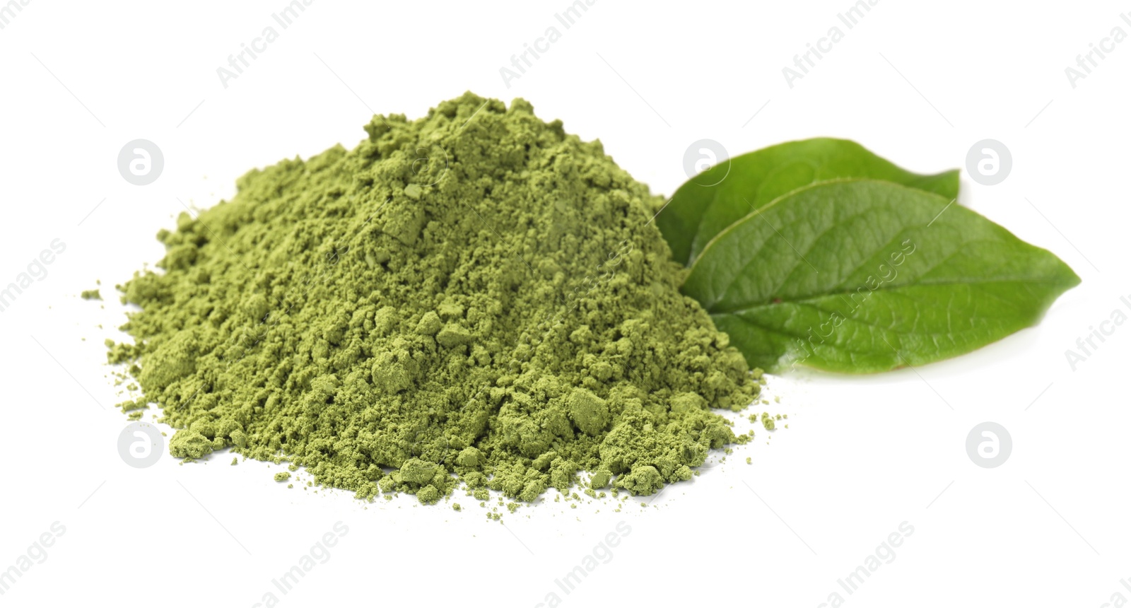 Photo of Pile of green matcha powder and leaves isolated on white