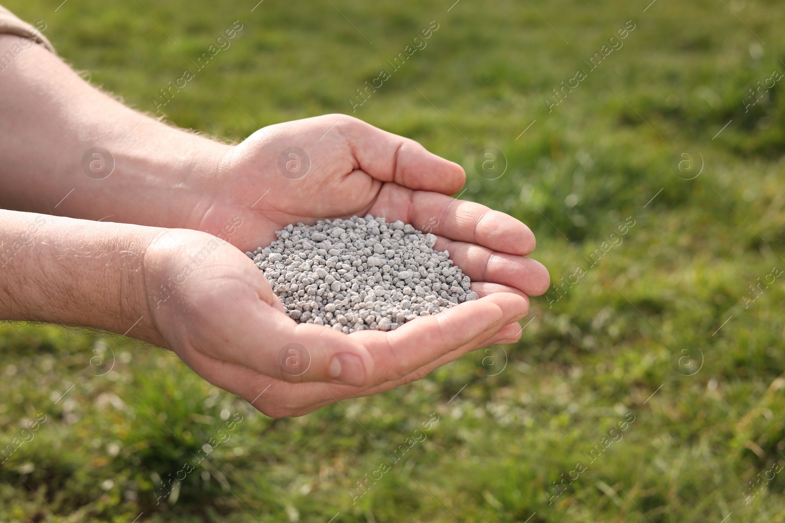 Photo of Man with fertilizer in hands outdoors, closeup