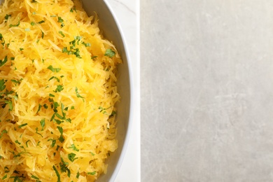 Photo of Bowl with cooked spaghetti squash on light background, top view. Space for text