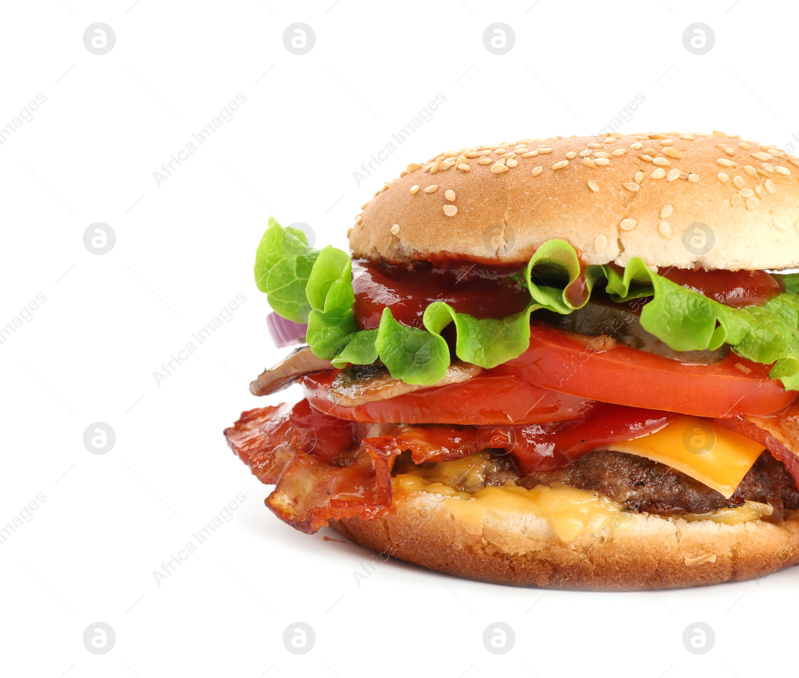 Photo of Tasty burger with bacon on white background, closeup