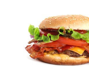 Tasty burger with bacon on white background, closeup