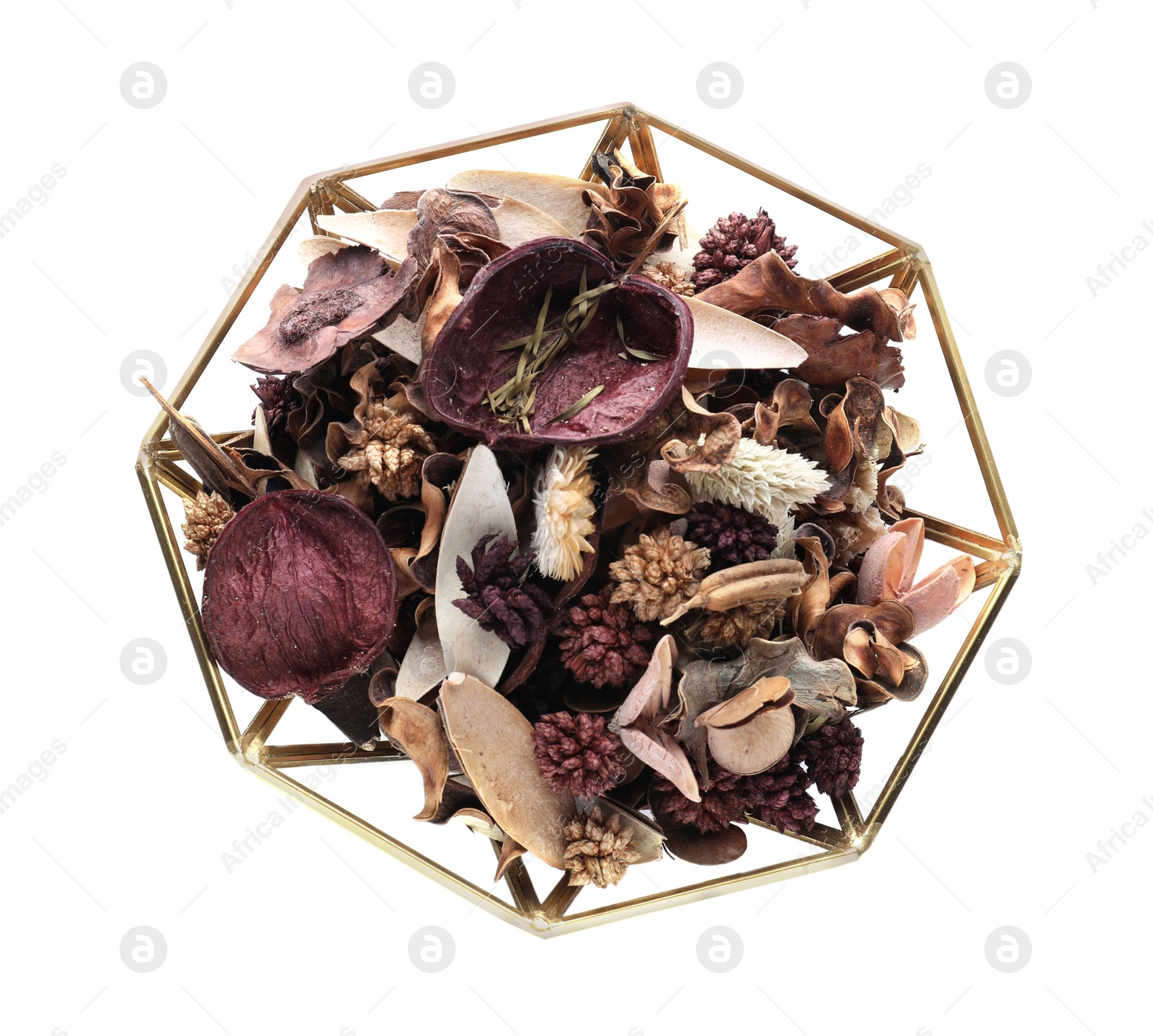 Photo of Aromatic potpourri of dried flowers in bowl on white background, top view