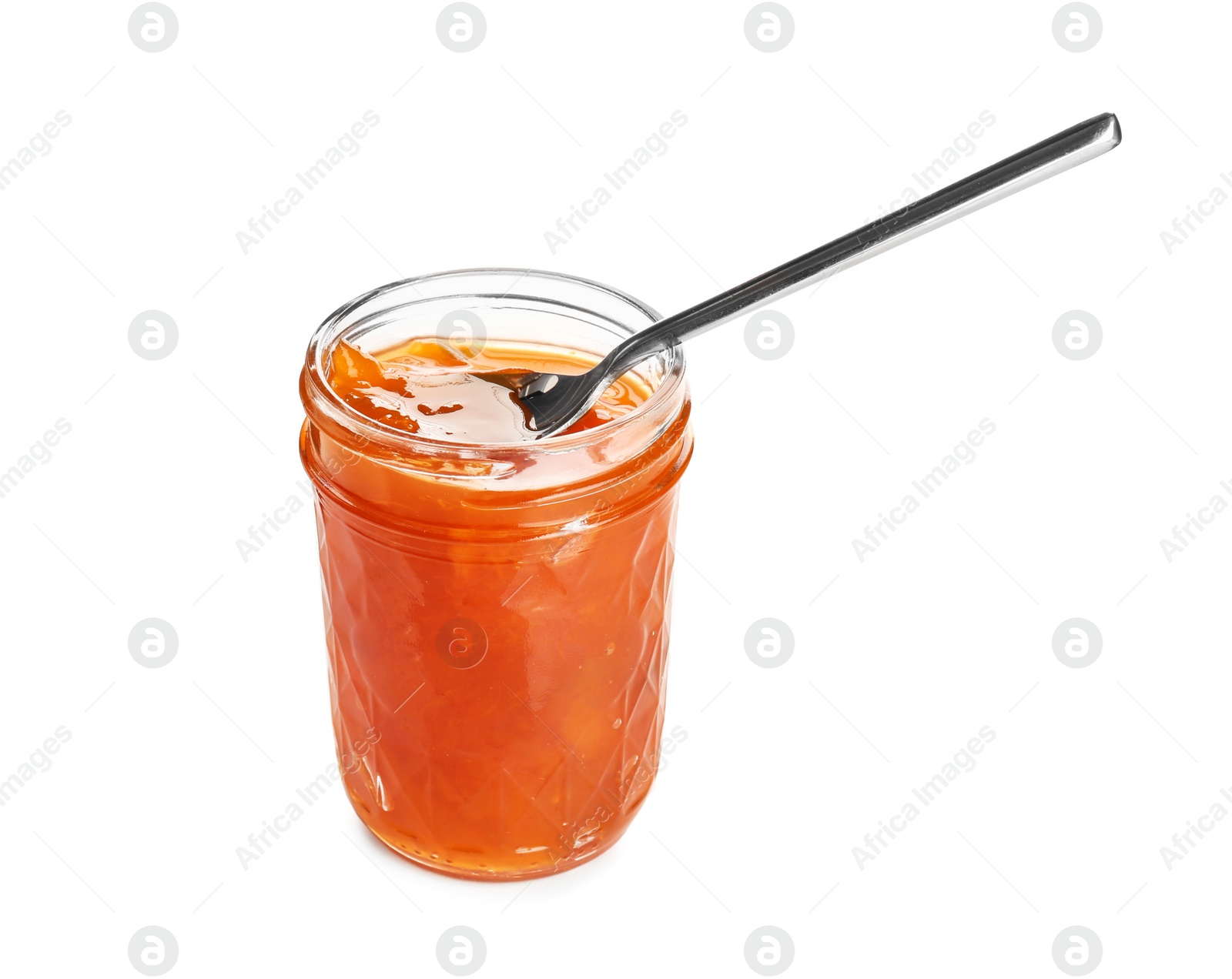 Photo of Jar with sweet jam on white background