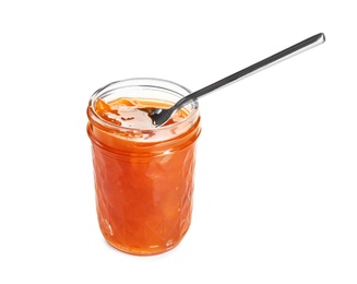 Photo of Jar with sweet jam on white background