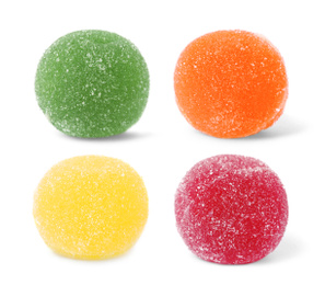 Image of Set of different jelly candies on white background