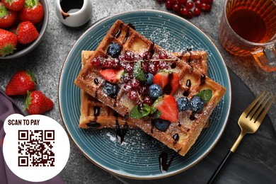 Image of Scan QR code for contactless menu. Delicious Belgian waffles with berries served on grey table, flat lay