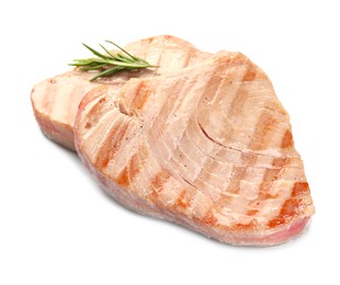 Photo of Delicious tuna steaks with rosemary isolated on white