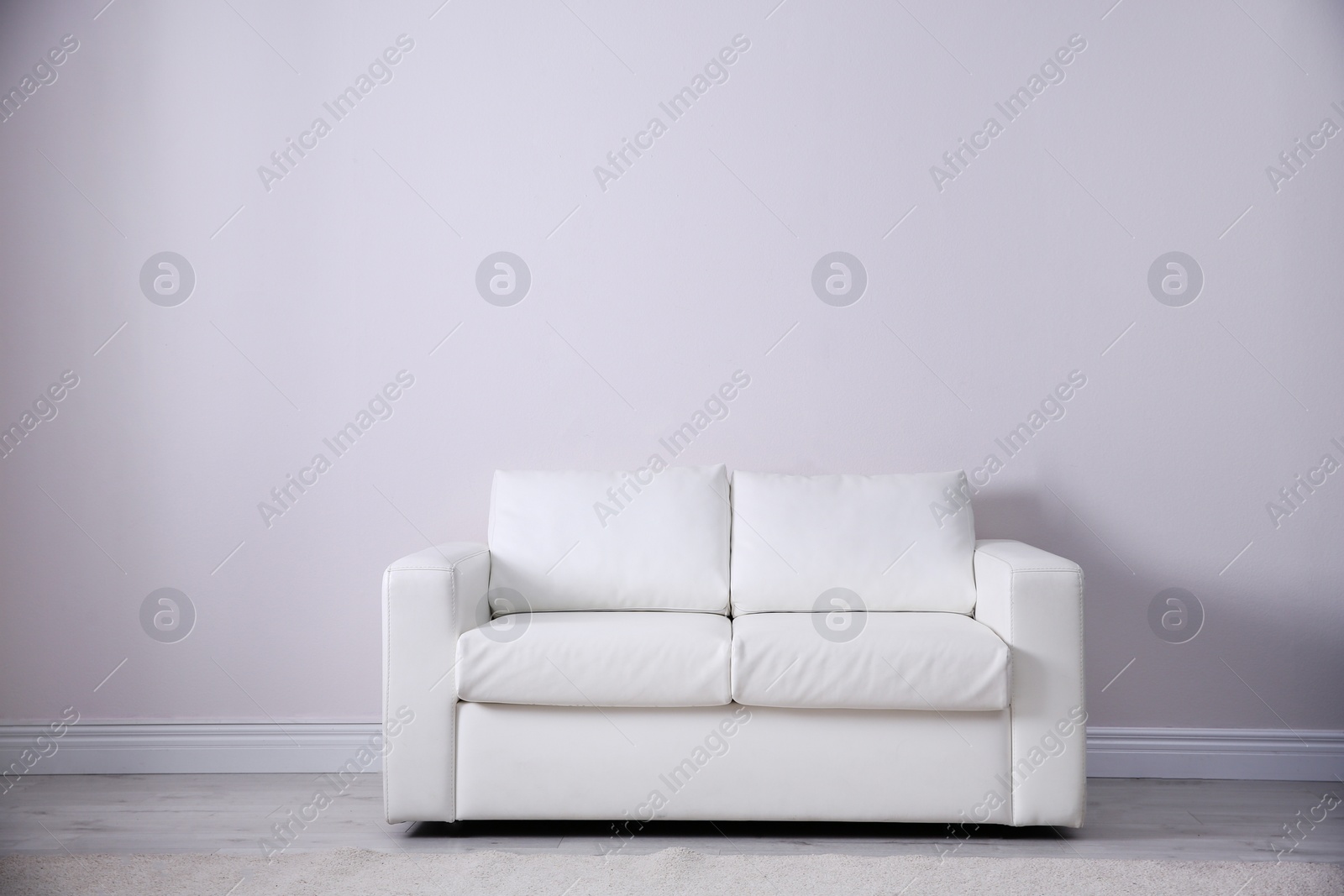 Photo of Simple living room interior with comfortable sofa near white wall. Space for text