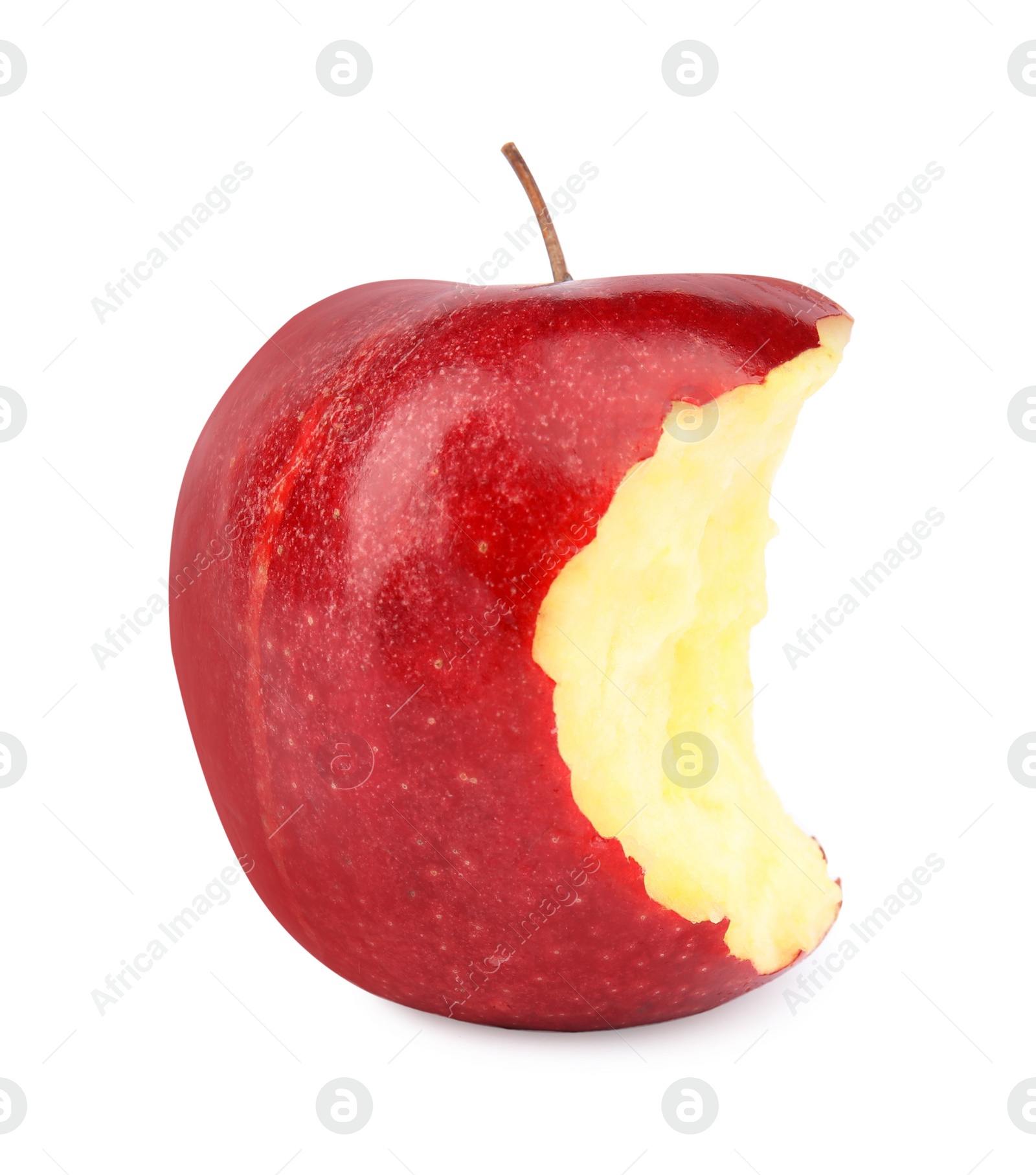 Photo of Ripe juicy red apple with bite mark on white background