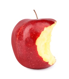 Photo of Ripe juicy red apple with bite mark on white background