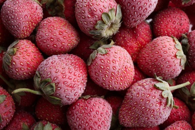 Tasty frozen strawberries as background, top view