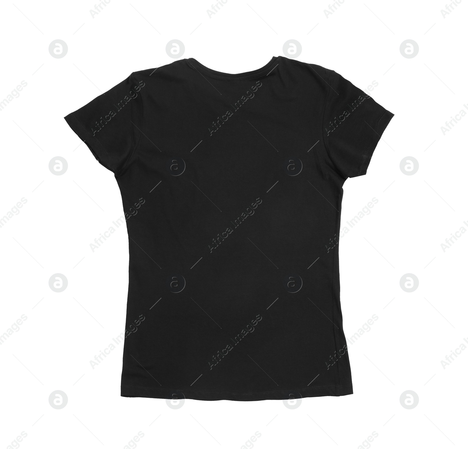 Photo of Stylish black female T-shirt isolated on white, top view