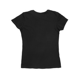 Photo of Stylish black female T-shirt isolated on white, top view