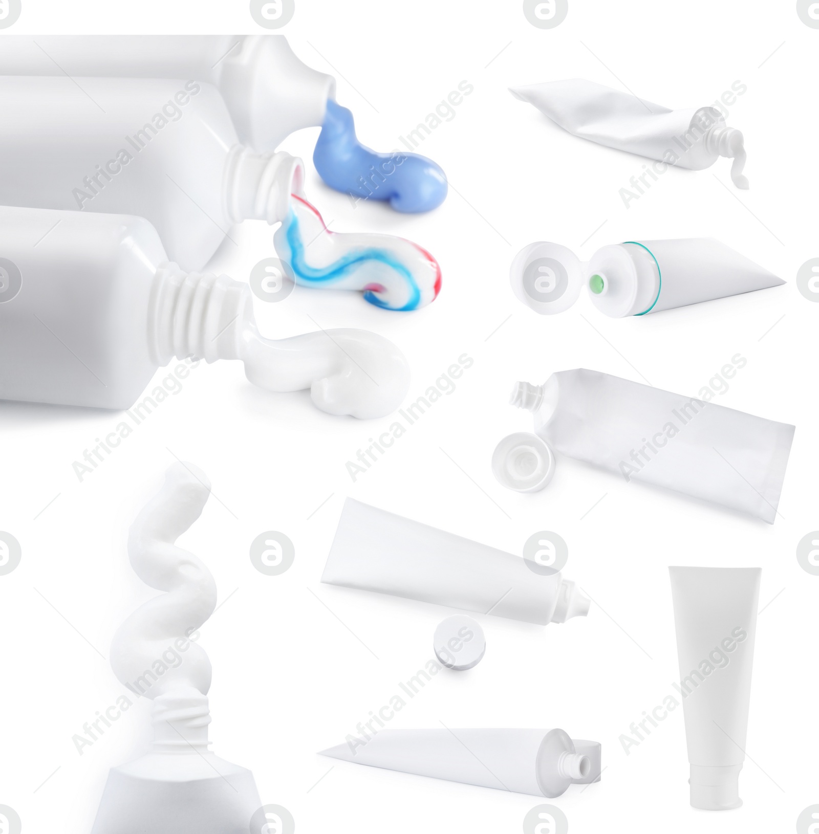 Image of Collage with different toothpastes on white background