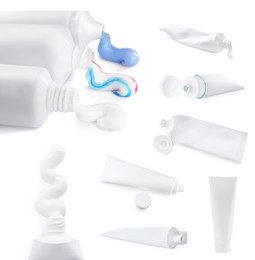 Image of Collage with different toothpastes on white background