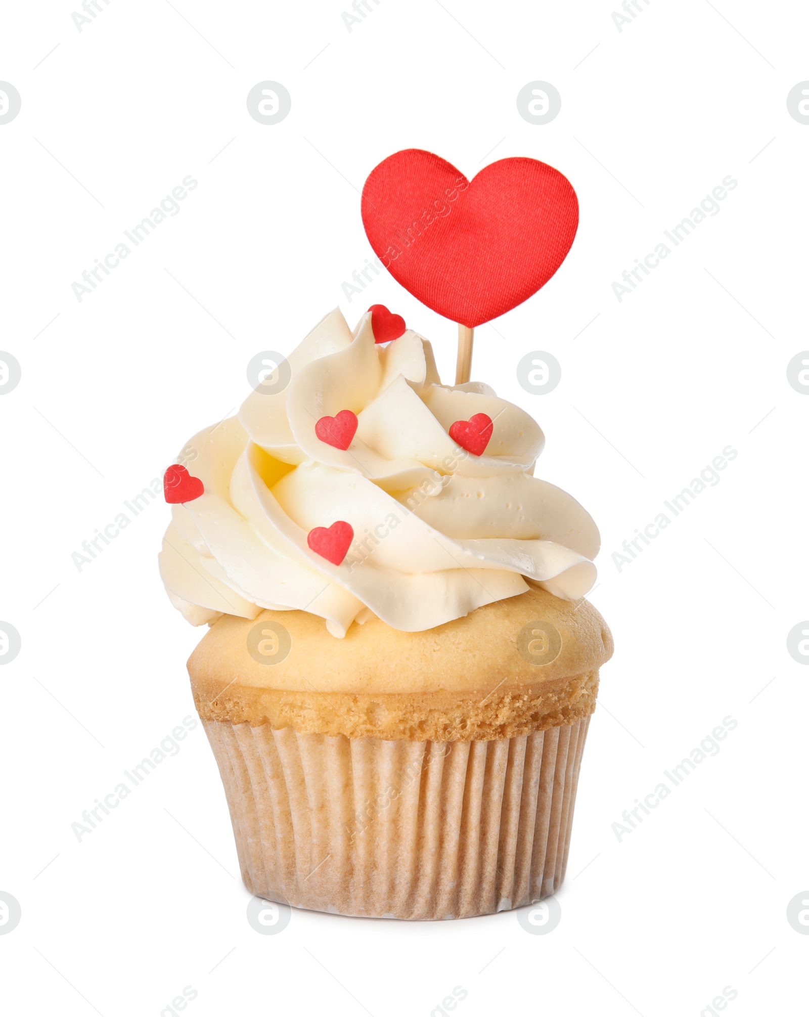 Photo of Tasty cupcake for Valentine's Day isolated on white