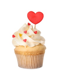 Photo of Tasty cupcake for Valentine's Day isolated on white