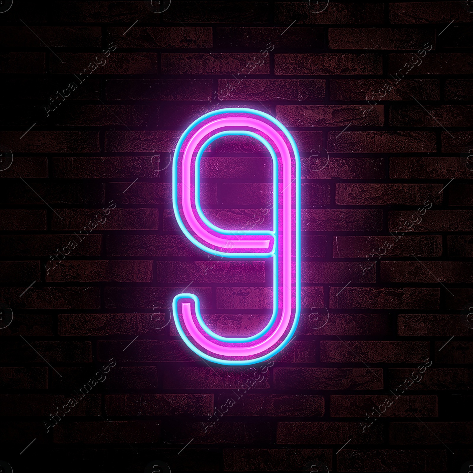 Image of Glowing neon number 9 sign on brick wall