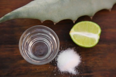 Photo of Mexican tequila shot, salt, lime and green leaf on wooden table, flat lay. Drink made of agava
