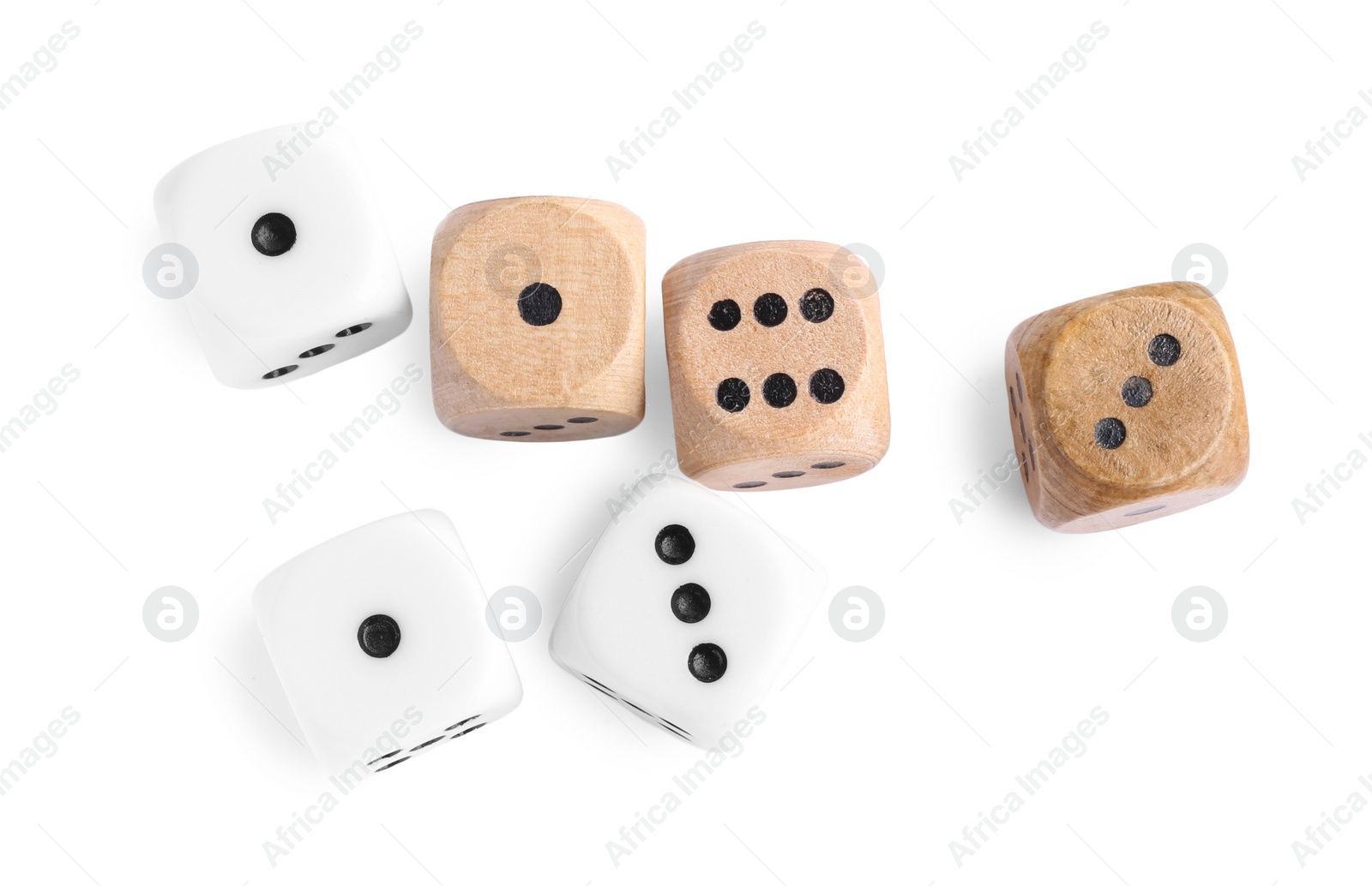 Photo of Many dices isolated on white, top view. Game cubes