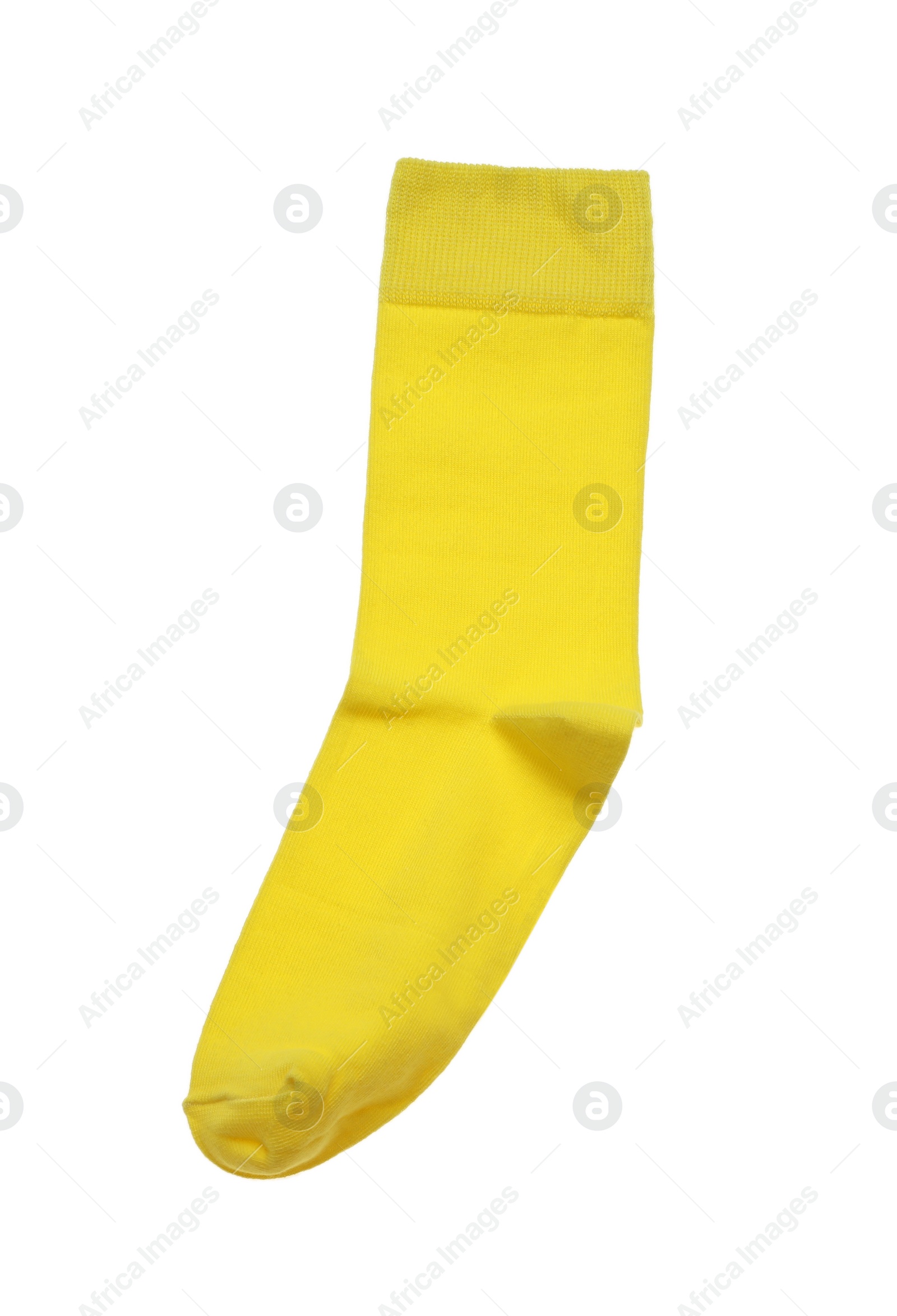 Photo of Yellow sock isolated on white, top view