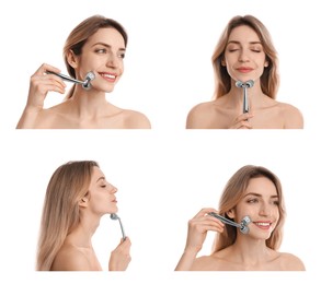 Young woman using face roller on white background, collage