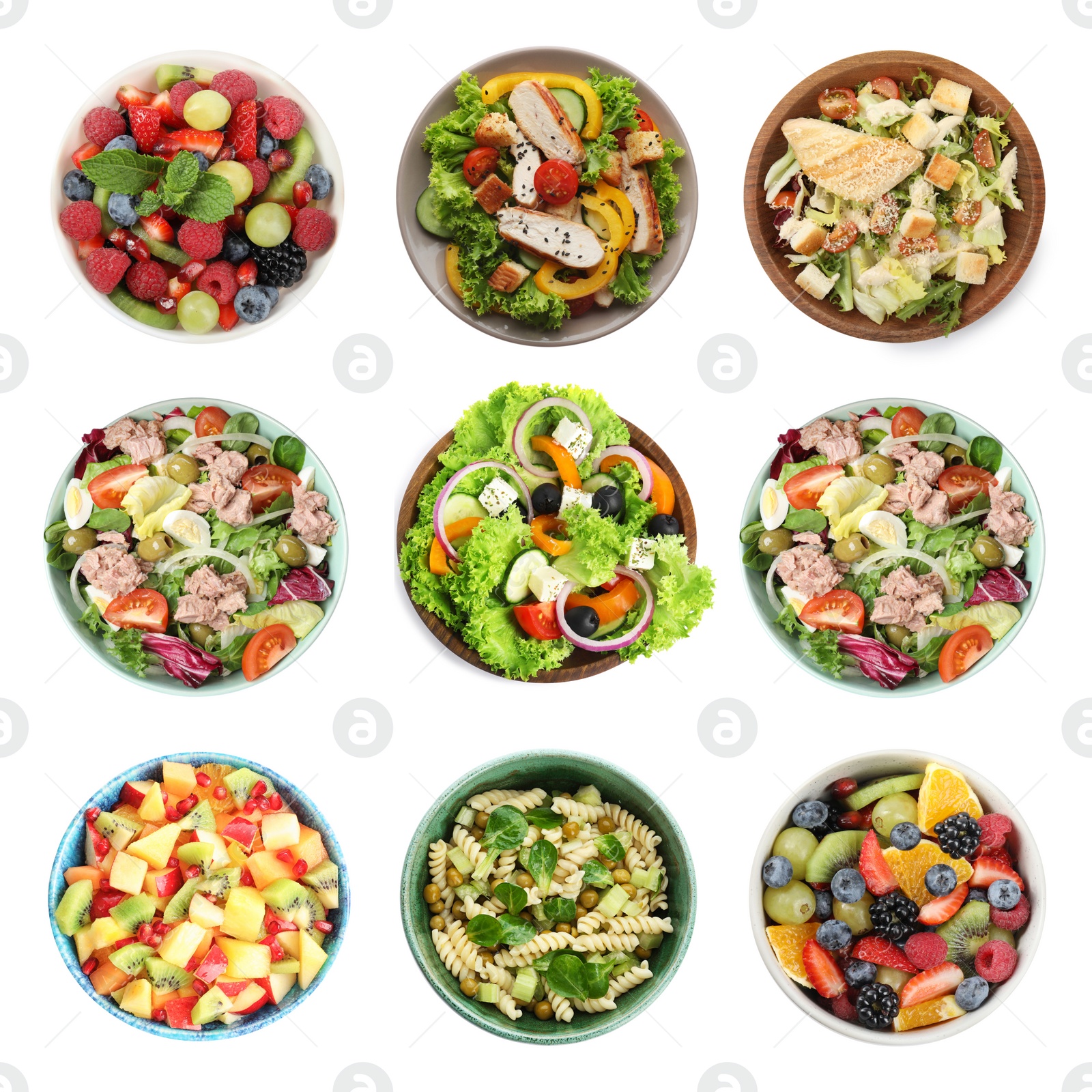 Image of Set with different tasty salads on white background, top view