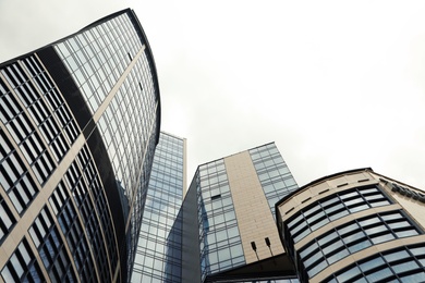 KYIV, UKRAINE - MAY 21, 2019: Low angle view of modern hotel HILTON