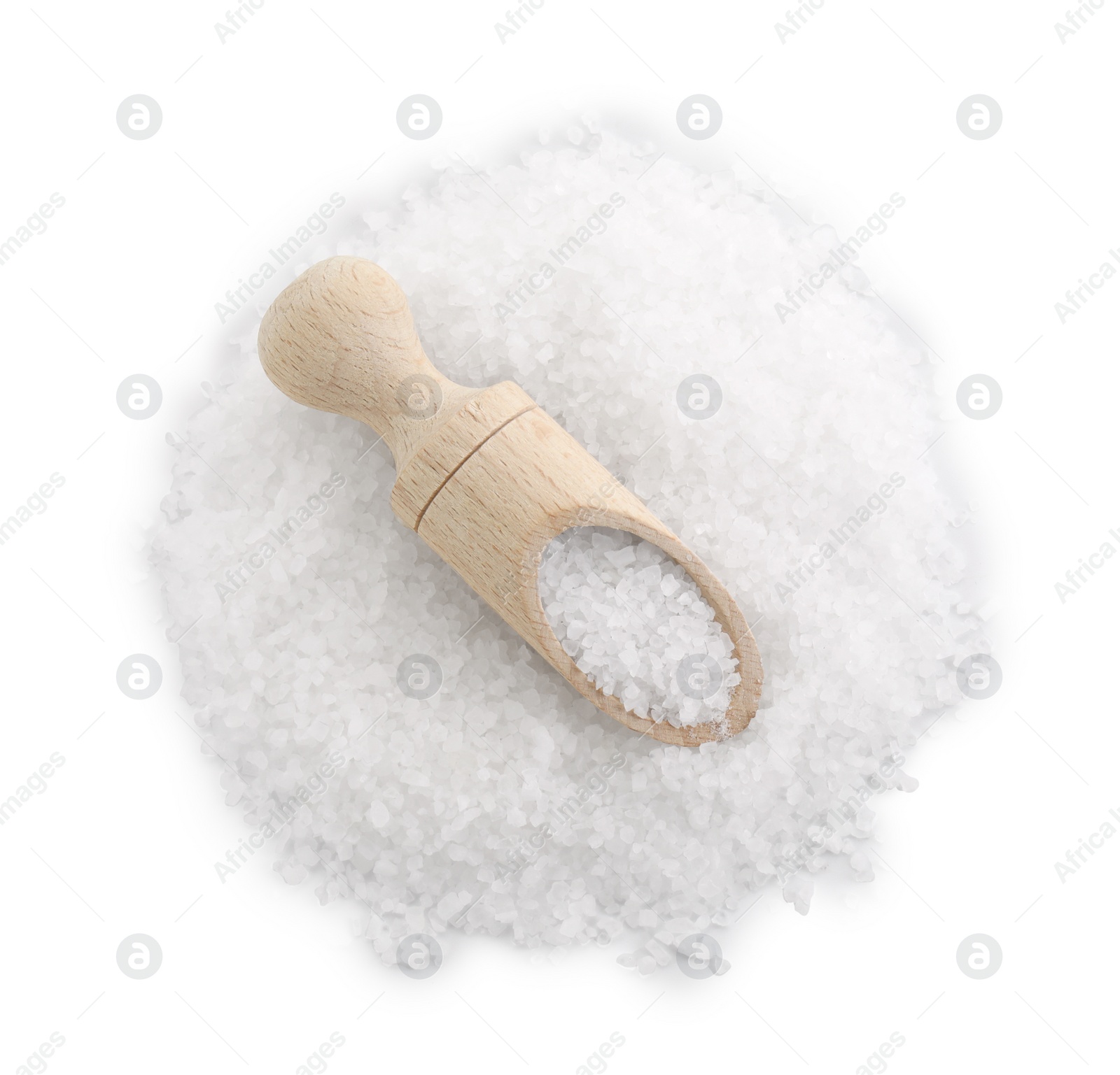 Photo of Natural salt and wooden scoop isolated on white, top view