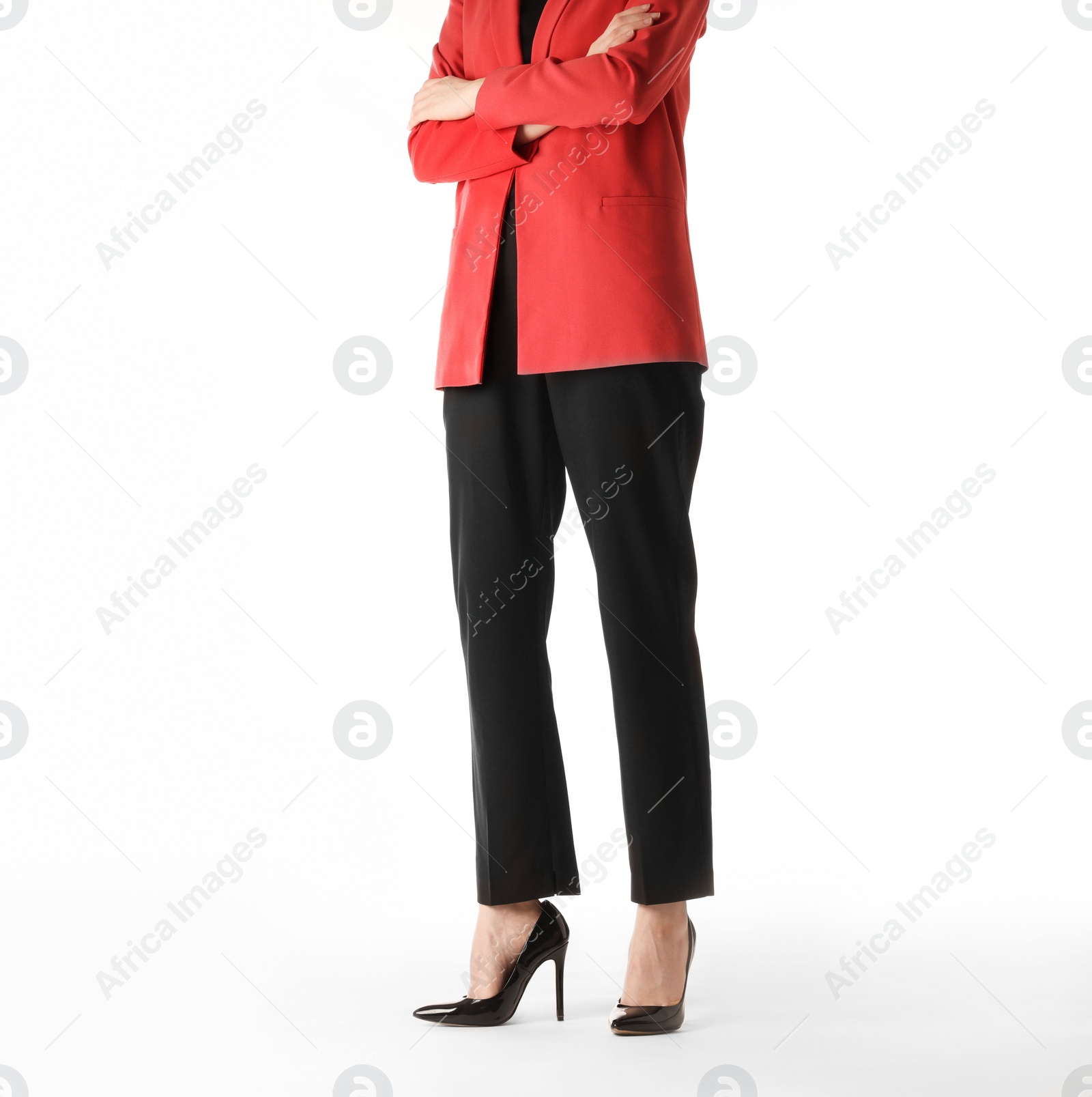 Photo of Businesswoman with crossed arms on white background, closeup