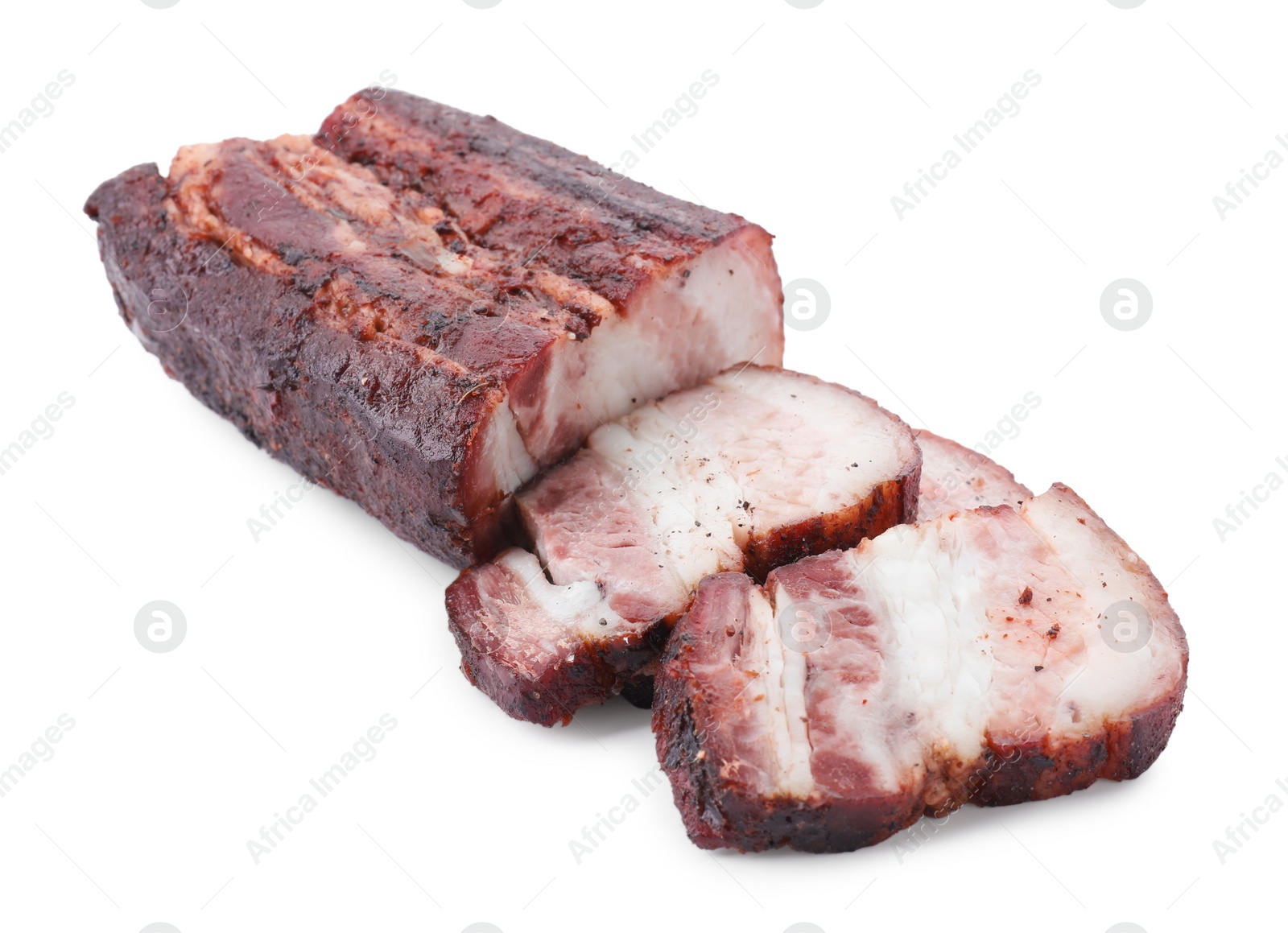 Photo of Pieces of tasty baked pork belly isolated on white