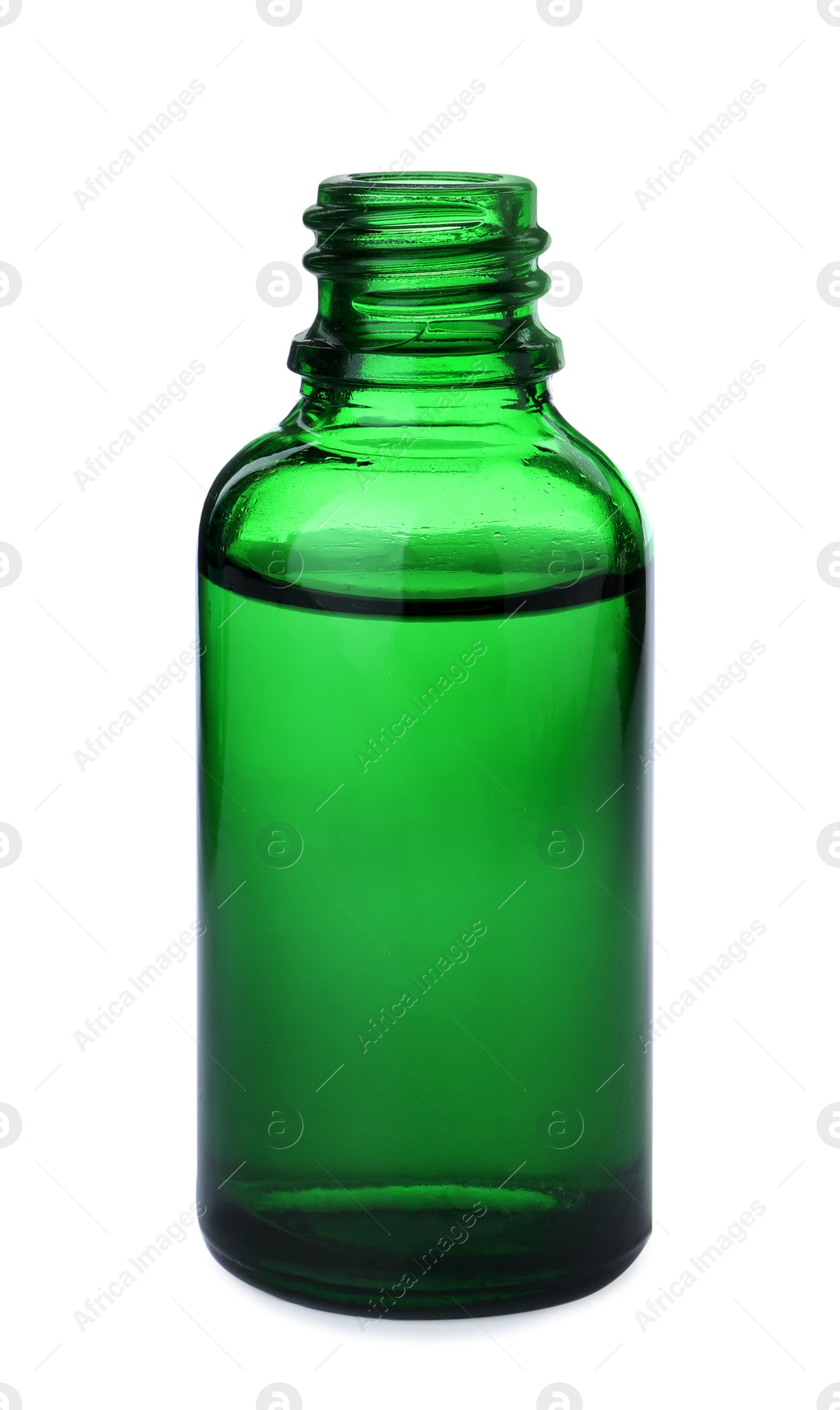 Photo of Green bottle of essential oil isolated on white