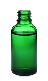 Photo of Green bottle of essential oil isolated on white