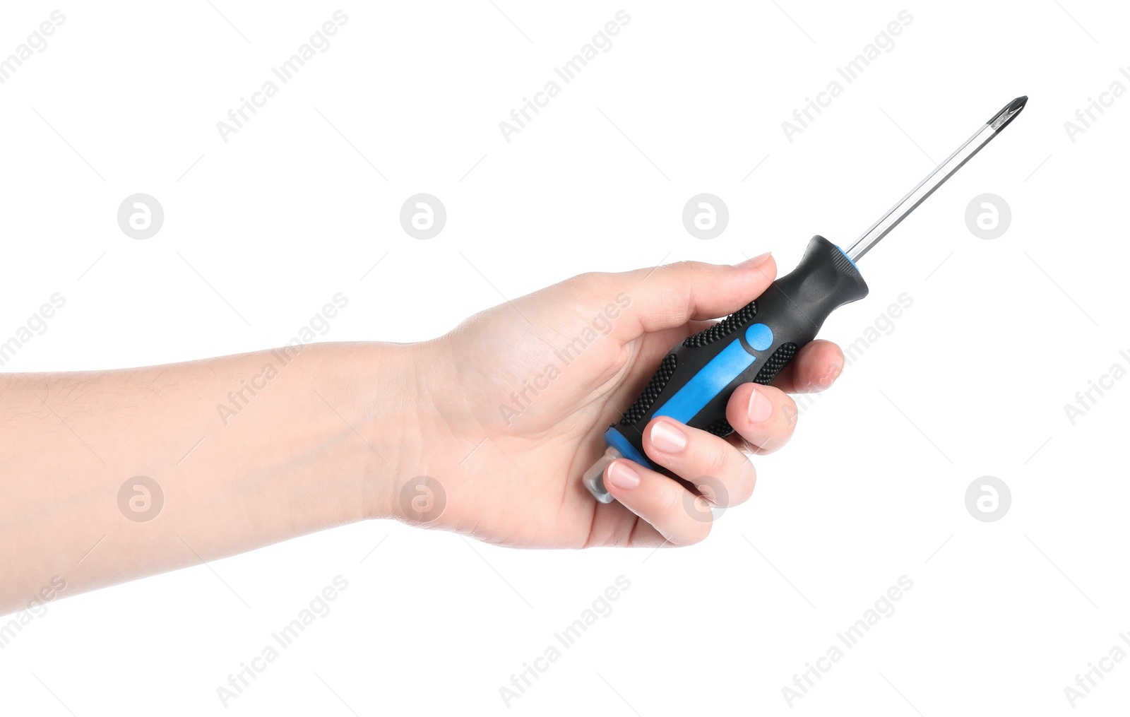 Photo of Woman holding screwdriver on white background, closeup