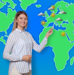 Beautiful woman near virtual screen with map that demonstrating weather forecast in different regions