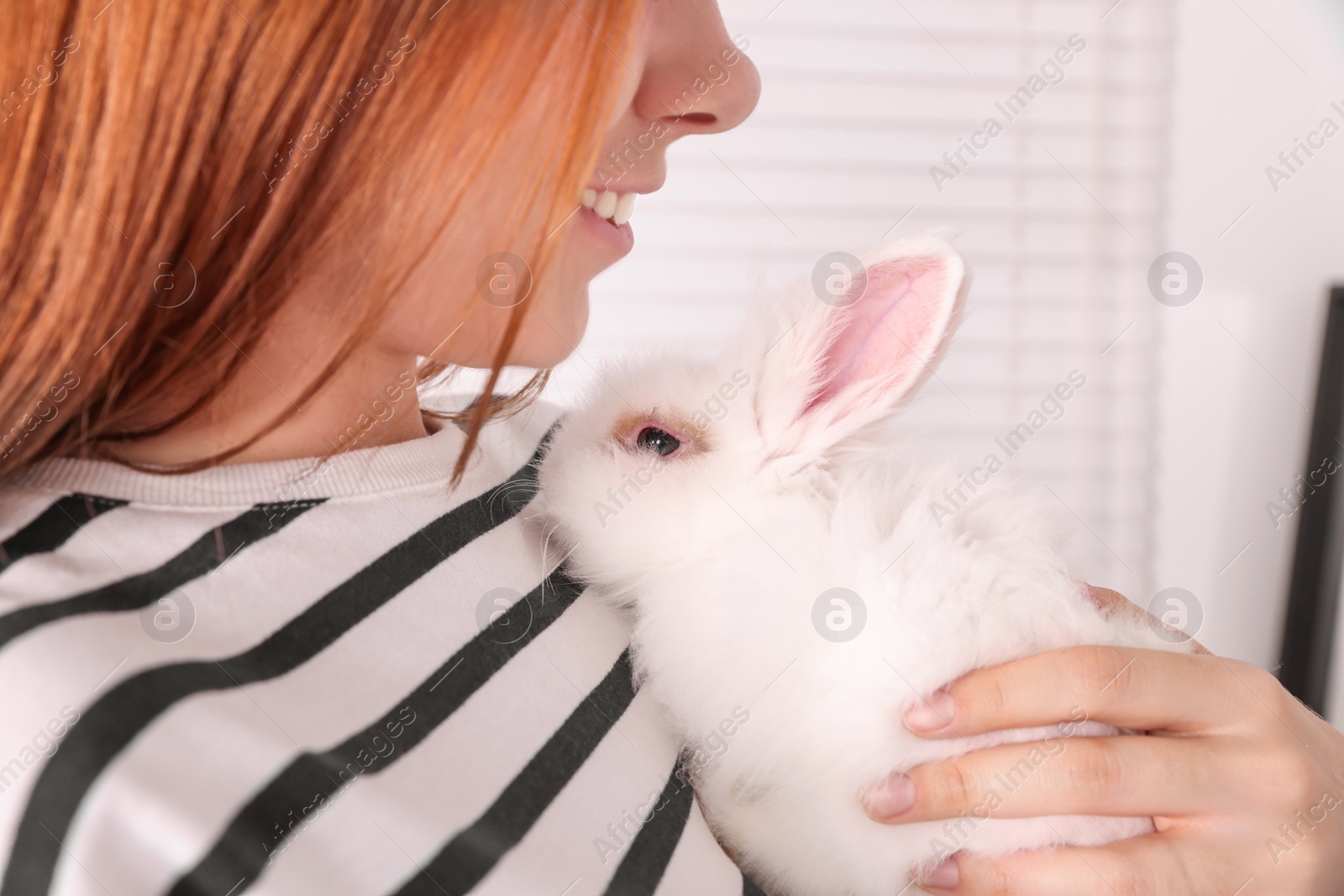Photo of Woman with fluffy white rabbit indoors, closeup. Cute pet