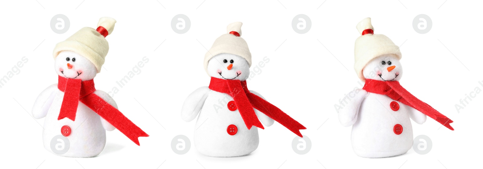 Image of Set with cute small snowman toys on white background. Banner design