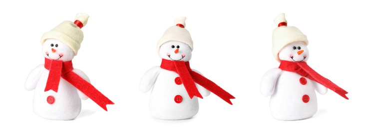 Image of Set with cute small snowman toys on white background. Banner design